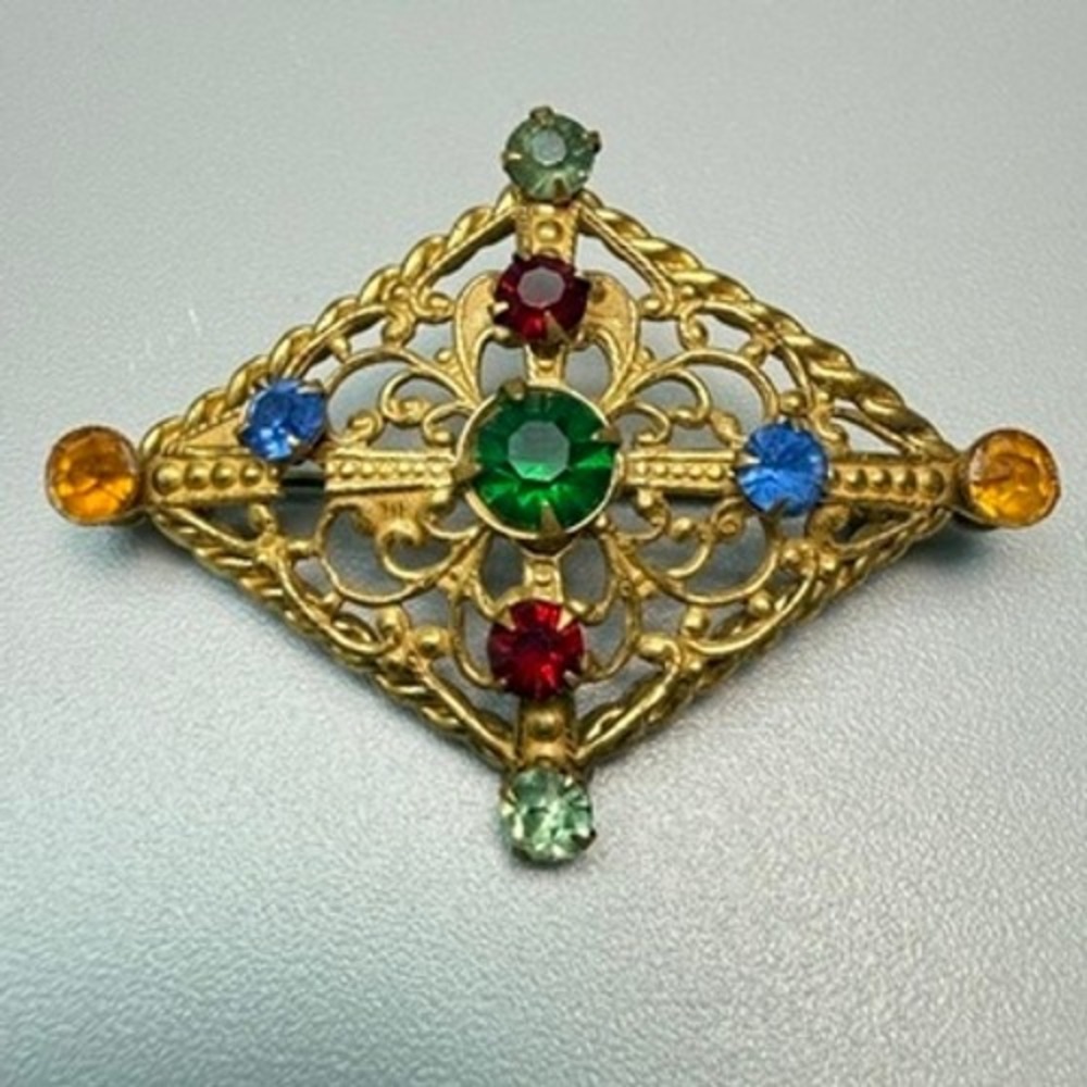 Antique Multicolor Paste Stone Brooch Gold Tone Filigree C Clasp